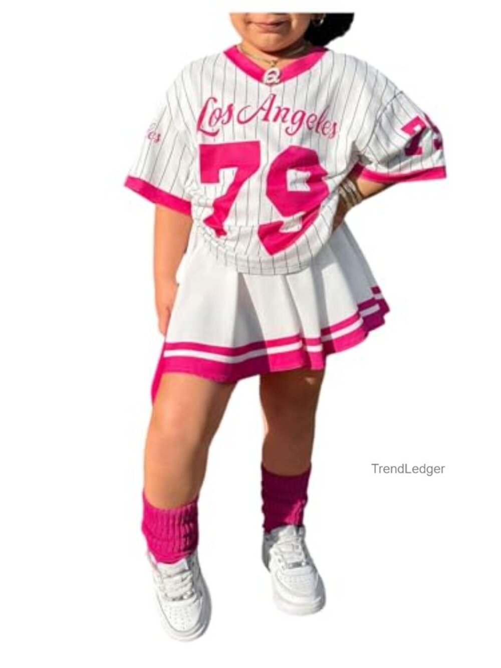 Girls 2 Piece Jersey Set Striped V Neck Top Pleated Skirt Outfit
